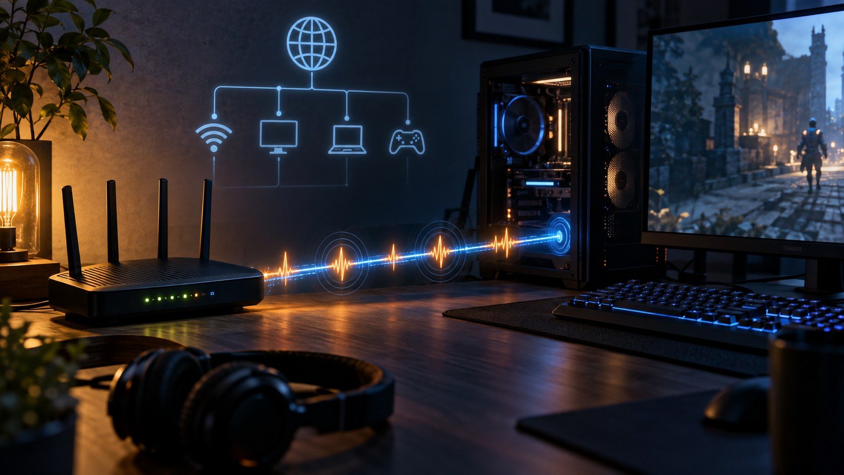 Cómo diagnosticar la latencia de tu red antes de culpar al router — Imagen 1 Router conectado a un ordenador de juego con una representación visual de la latencia