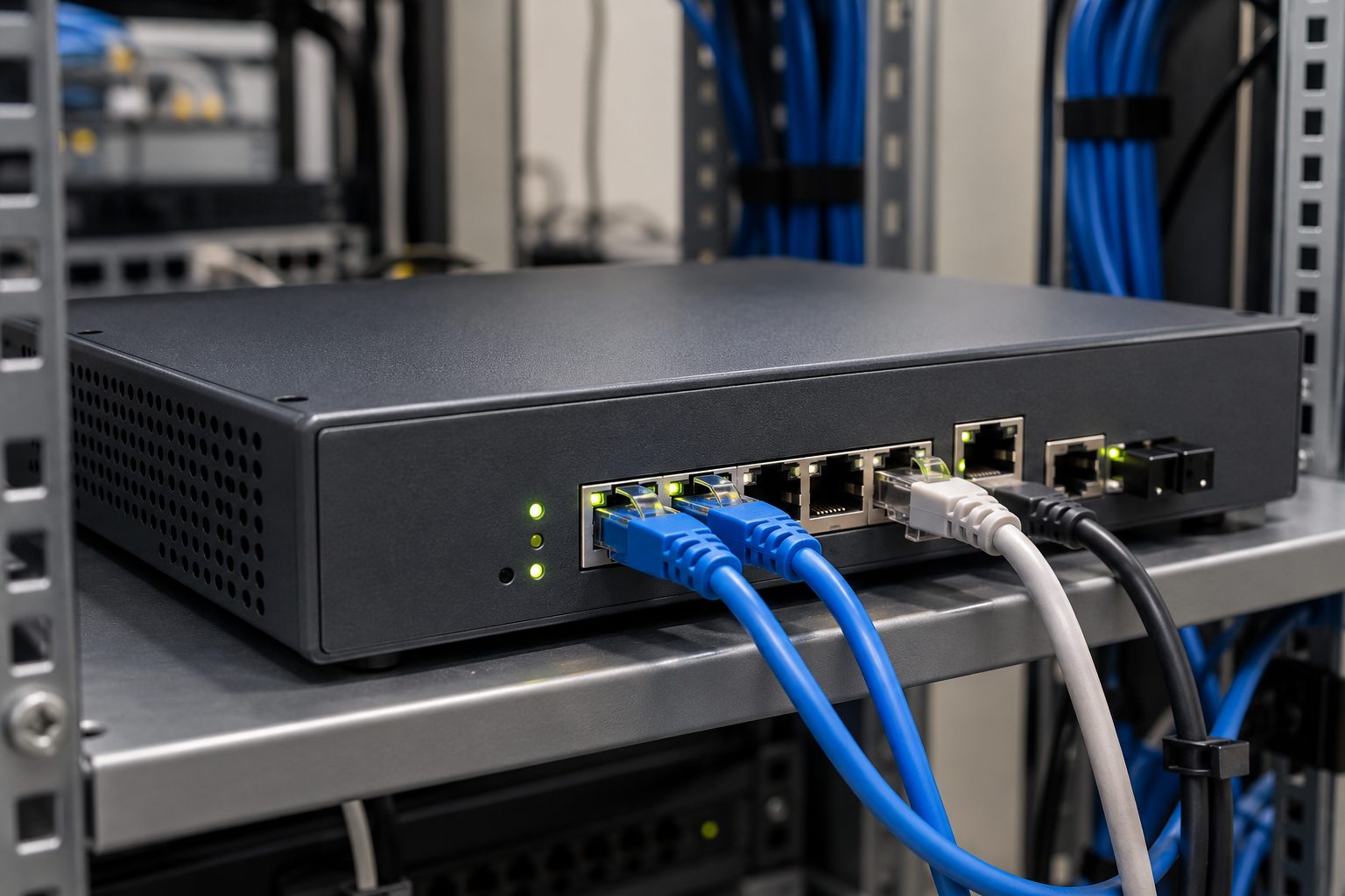 Dispositivo firewall empresarial con cables Ethernet instalado en una balda de comunicaciones