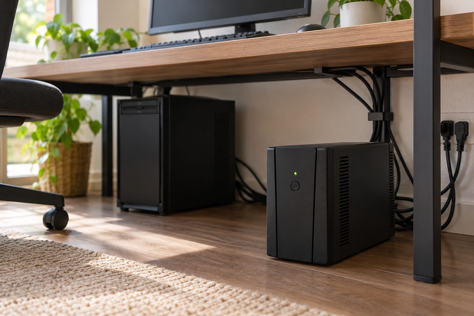 SAI compacto bajo una mesa de trabajo junto a un ordenador de sobremesa